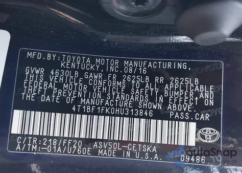 2017 Toyota Camry Se from USA, damaged, VIN 4T1BF1FK0HU313846